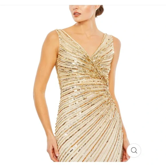 MAC DUGGAL SZ 10 SEQUENCED FAUX WRAP MIDI DRESS. YELLOW/GOLD/NUDE NWT - Picture 3 of 6
